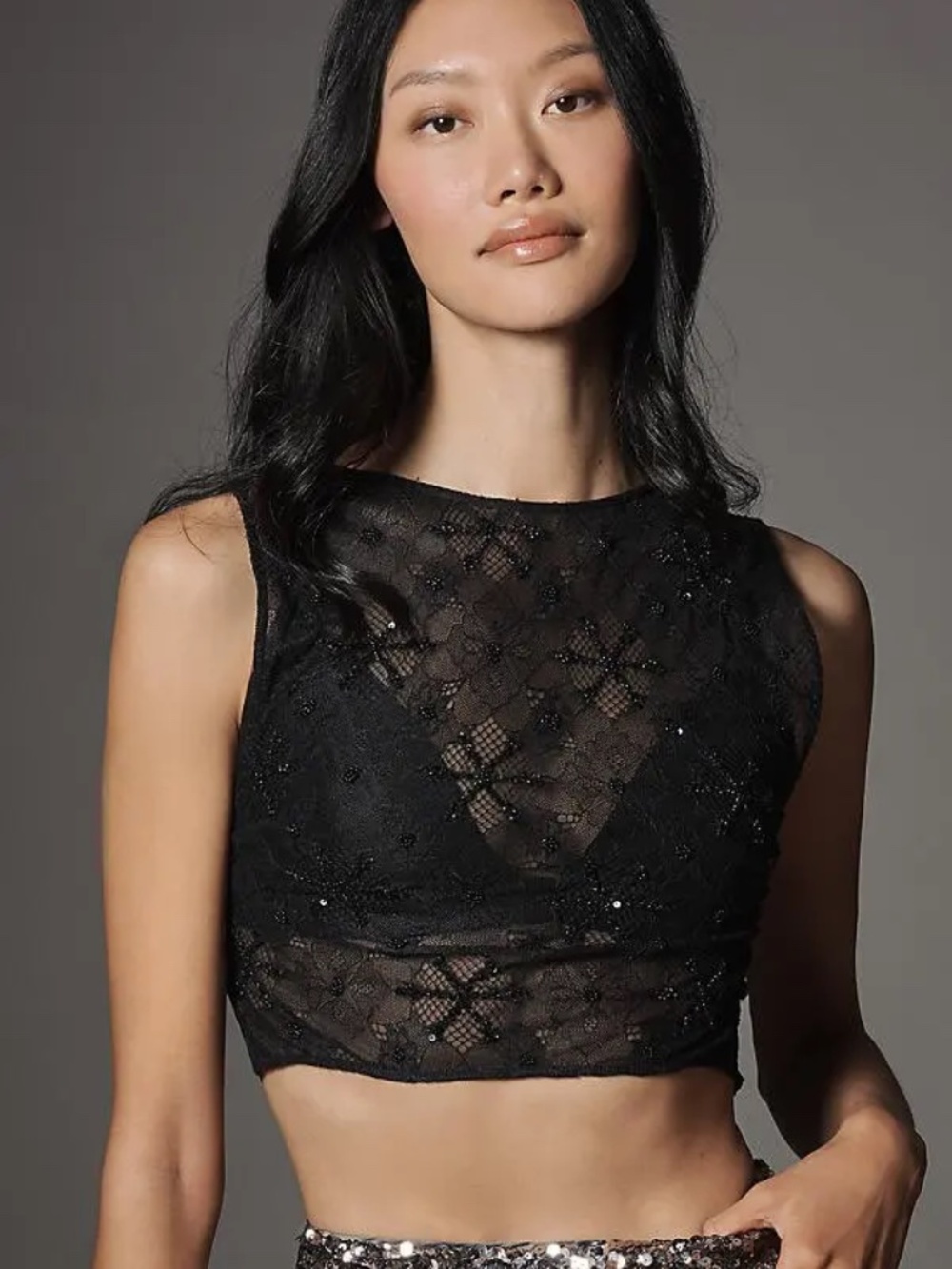 Anthropologie LYREBIRD Sequin Sheer Tie-Back Top Camisole in Black Onyx XXS nwt
